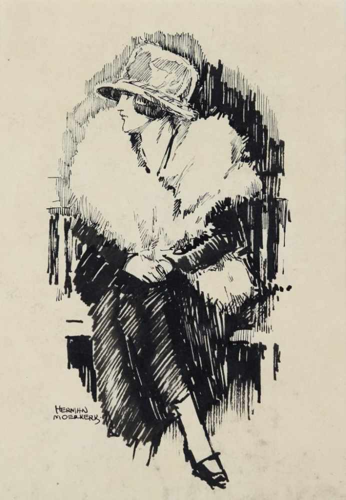 Moerkerk, Herman, signed, A woman with hat, sitting, drawing 21 x 15 cm.MOERKERK, HERMAN (1879-