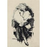 Moerkerk, Herman, signed, A woman with hat, sitting, drawing 21 x 15 cm.MOERKERK, HERMAN (1879-