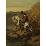 Unknown, unclearly signed l.r., arab on horseback, oil on panel 46 x 36 cm.Onbekend, onduid. ges.