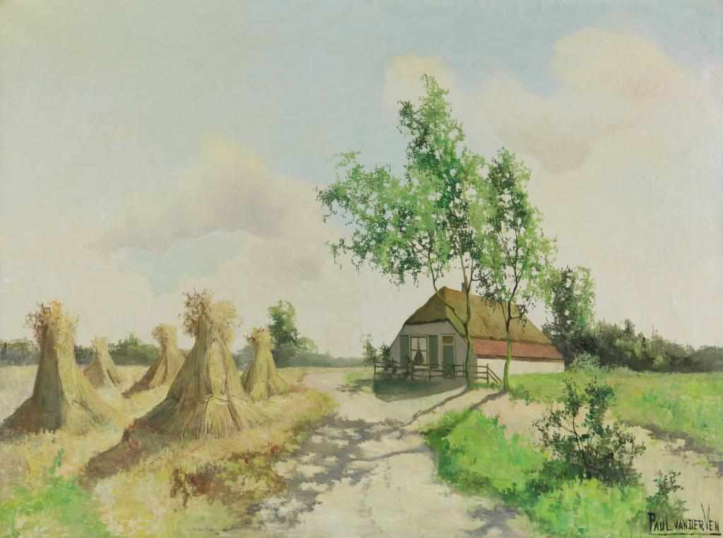 VEN VAN DER PAUL (1892-1972), ges. r.o., korenschoven aan zandweg bij boerderij, doek 60 x 80 cm.