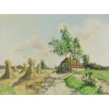 VEN VAN DER PAUL (1892-1972), ges. r.o., korenschoven aan zandweg bij boerderij, doek 60 x 80 cm.