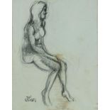 WOLKERS JAN (1925-2007), ges. l.o. zittend naakt, studie tekening 63 x 48 cm. (waterschade)