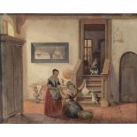 Craeyvanger, Reinier, signed, women with basket of fish in interior, watercolor 15,5 x 19 cm.