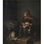 Unknow, unsign., Boy with dog, oil on canvas 31 x 28 cm.Onbekend, onges., naar Gerard ter Borgh,