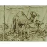 BIK, WILLEM HENDRIK (1880-1918), ges. r.o., dromedarissen in tent, ets druk Anton Pieck 17 x 22 cm.