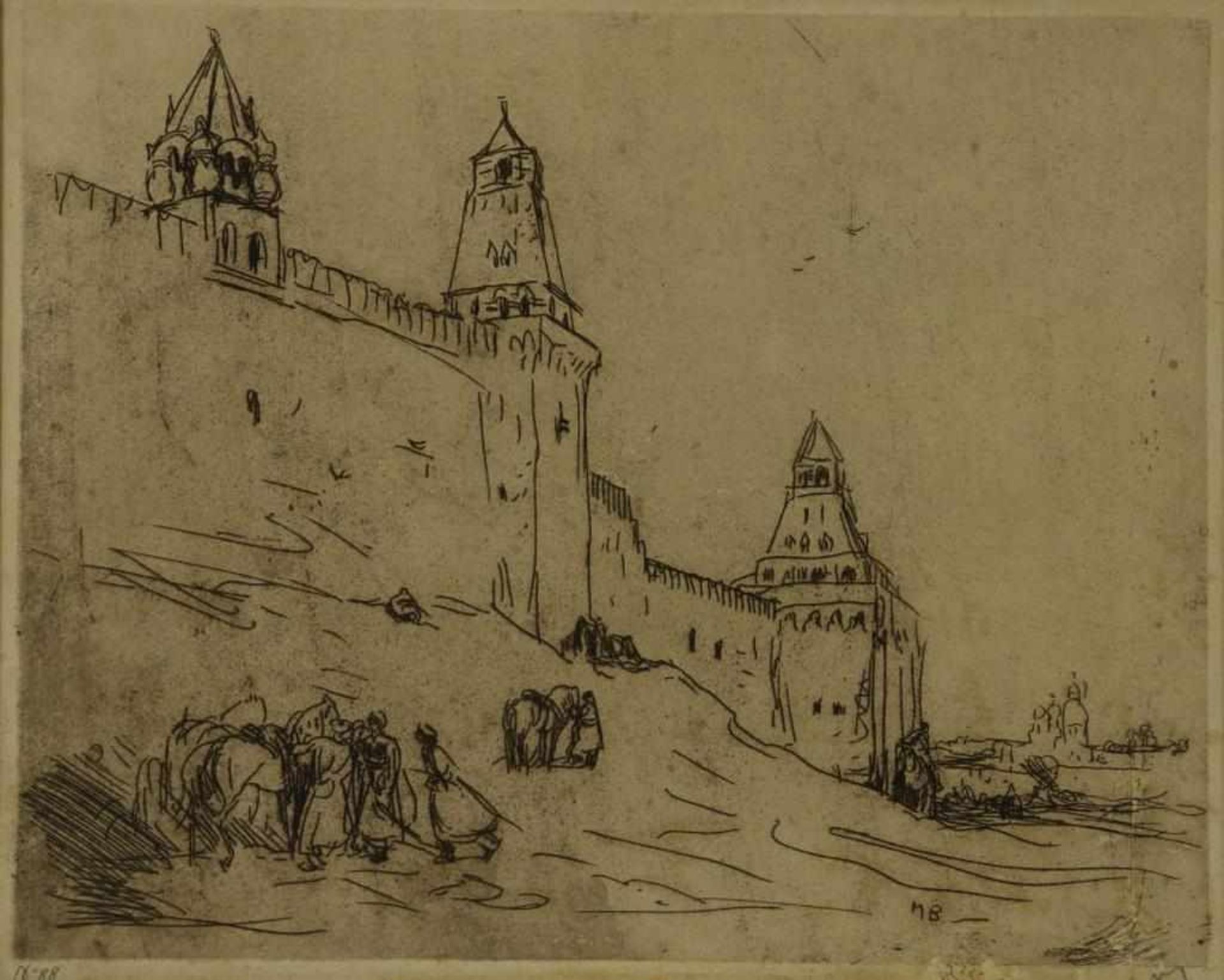 BAUER, MARIUS ALEXANDER (1867-1932), monogrammed l.r., figures by city wall, etching no 88 19 x 23