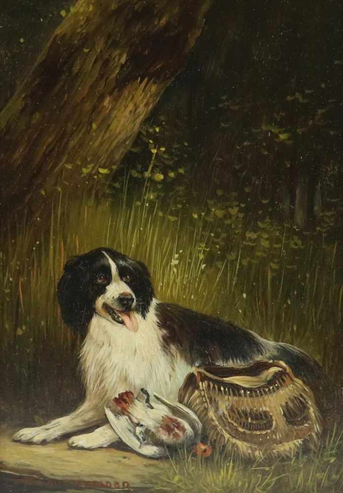 Unknown, unclearly signed l.l., hunting dog with catch, oil on panel 18 x 23 cm.Onbekend, onduid.