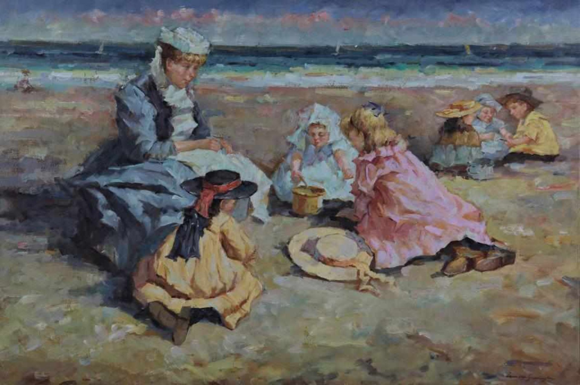 Garrington, Leanora beach view, signed r.o. Mother with children on the beach, oil on canvas 60 x 90