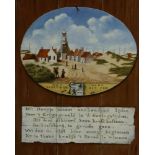 Onbekend, trompe l'oeuil dorp Noordwijk aan zee met tekstblad, paneel 49 x 39 cm.