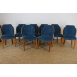 Serie van 8 noten Art Deco stoelen met blauw velours, ca. 1930