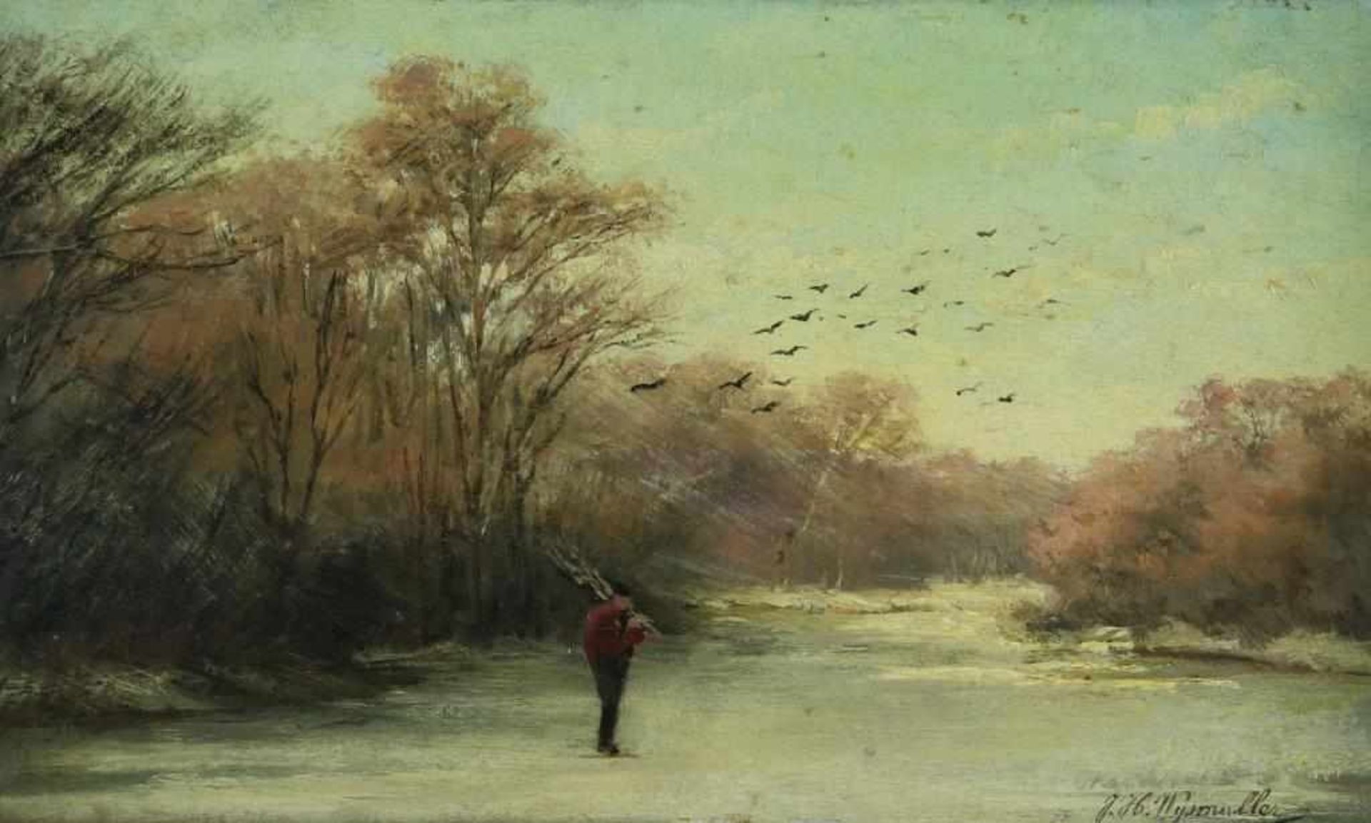 WIJSMULLER, JAN HILLEBRAND (1855-1925), signed l.r., figure in wintersbos, oil on panel 18 x 30 cm.