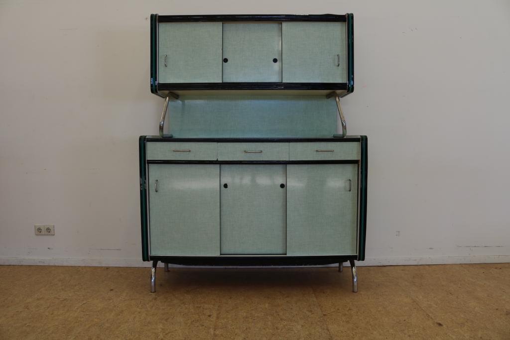 Formica kitchen buffet with 6 sliding doors and 3 drawers, France 50's, h. 178, w. 140, d. 45 cm.
