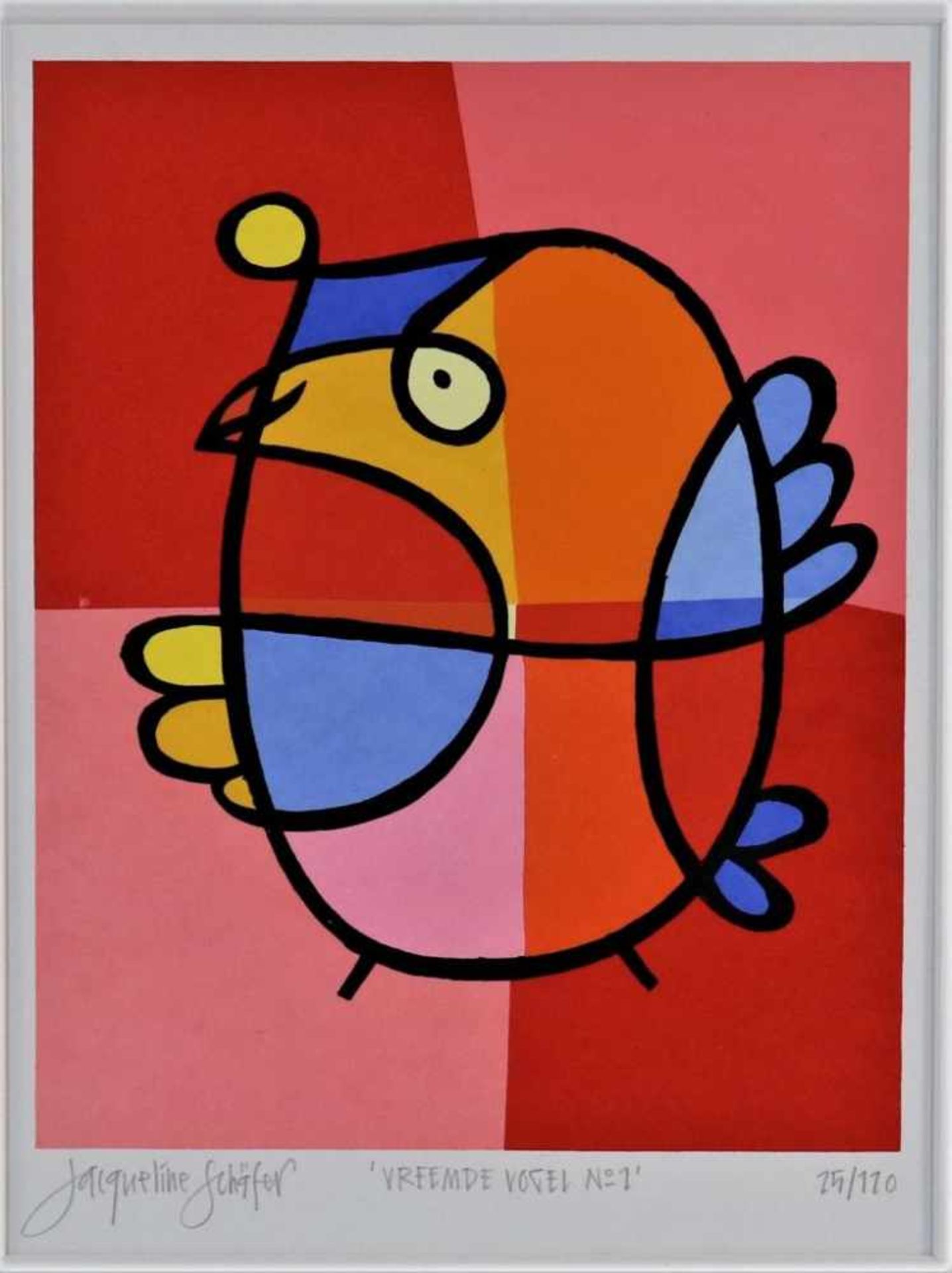 SCHAFER JACQUELINE, sign. l.l., "Vreemde Vogels nr. 1", silk screen 25/120 33 x 26 cm.SCHAFER