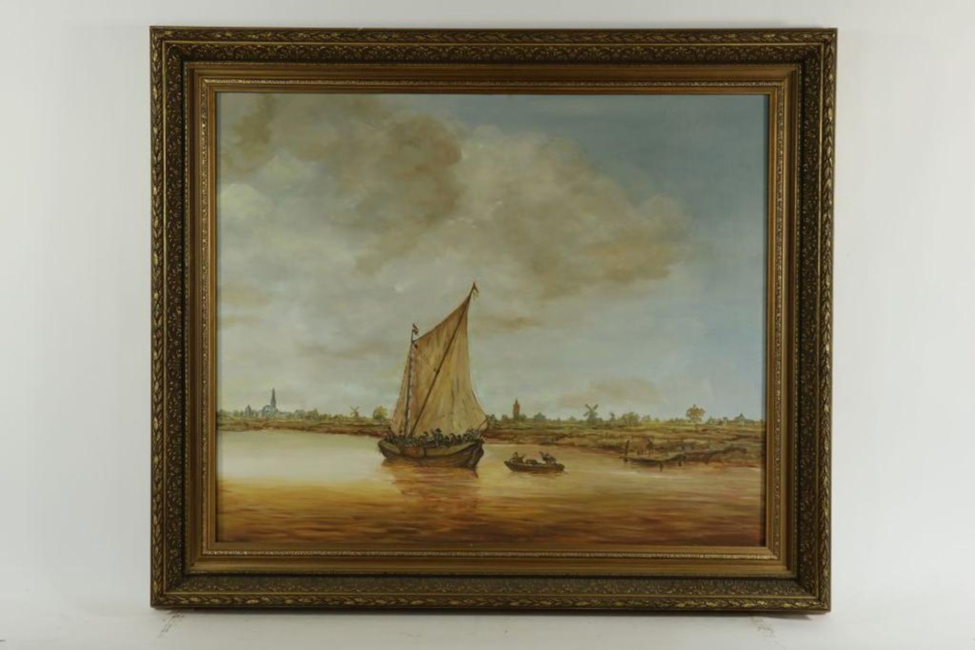 Onbekend, onges. naar Jan van Goyen, zeilboot met figuren in vaart, doek 90 x 110 cm. - Bild 2 aus 3