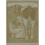 MANKES, JAN (1889-1920), ges. r.o., melktijd, linosnede 19 x 14 cm.