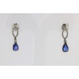 A set of white gold earrings with sapphire, total ca. 1.20ct, and diamands, total ca. 0.30ct, 750/