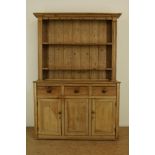 Wooden cabinet with 3 drawers and 3 doors, h. 211 w. 144 d. 50 cm .Grenen buffetkast met opstand