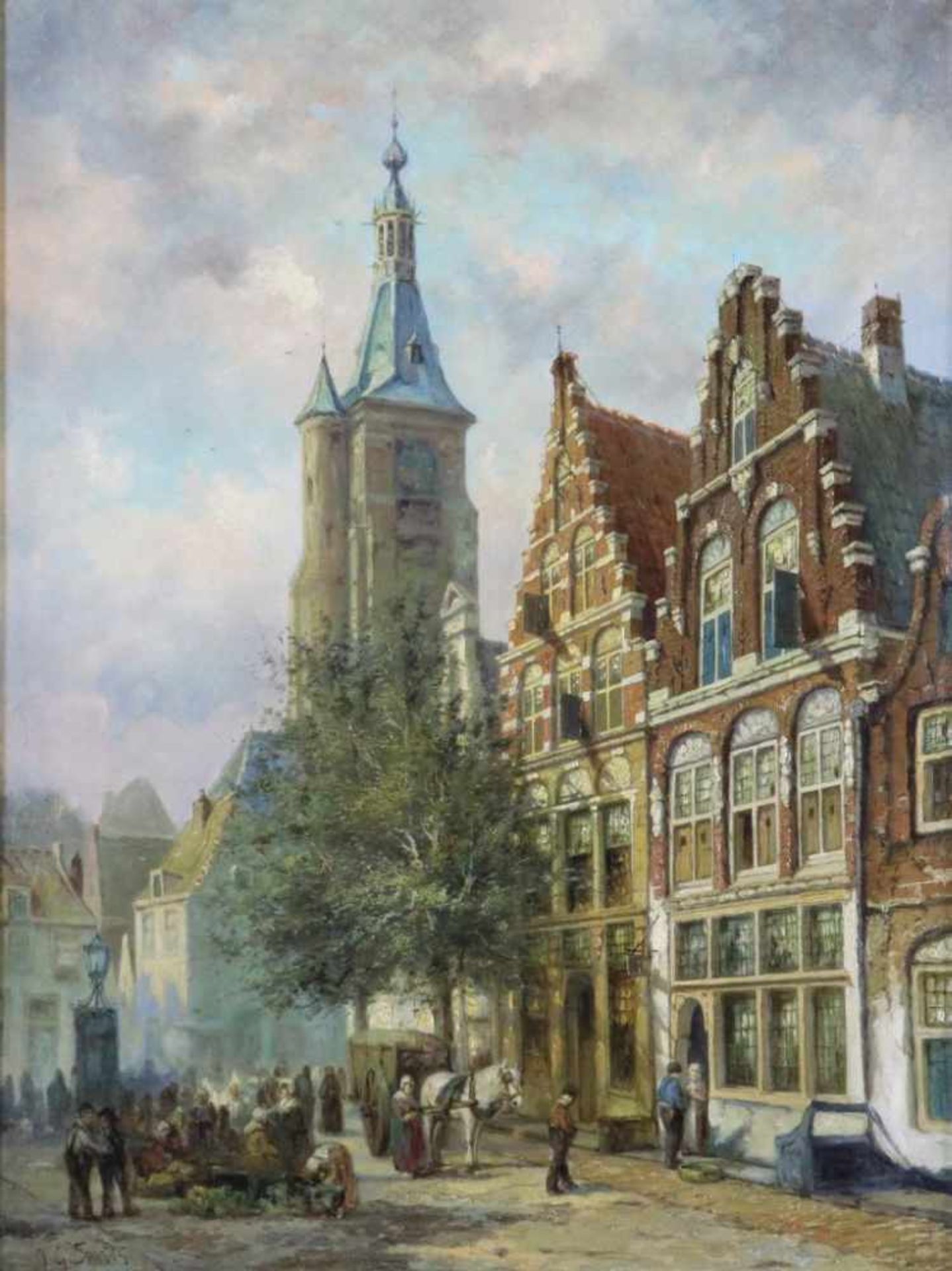 Smits, Jan Gerardus (1823-1910), signed, street scene with church tower, canvas 80 x 60 cm.SMITS,