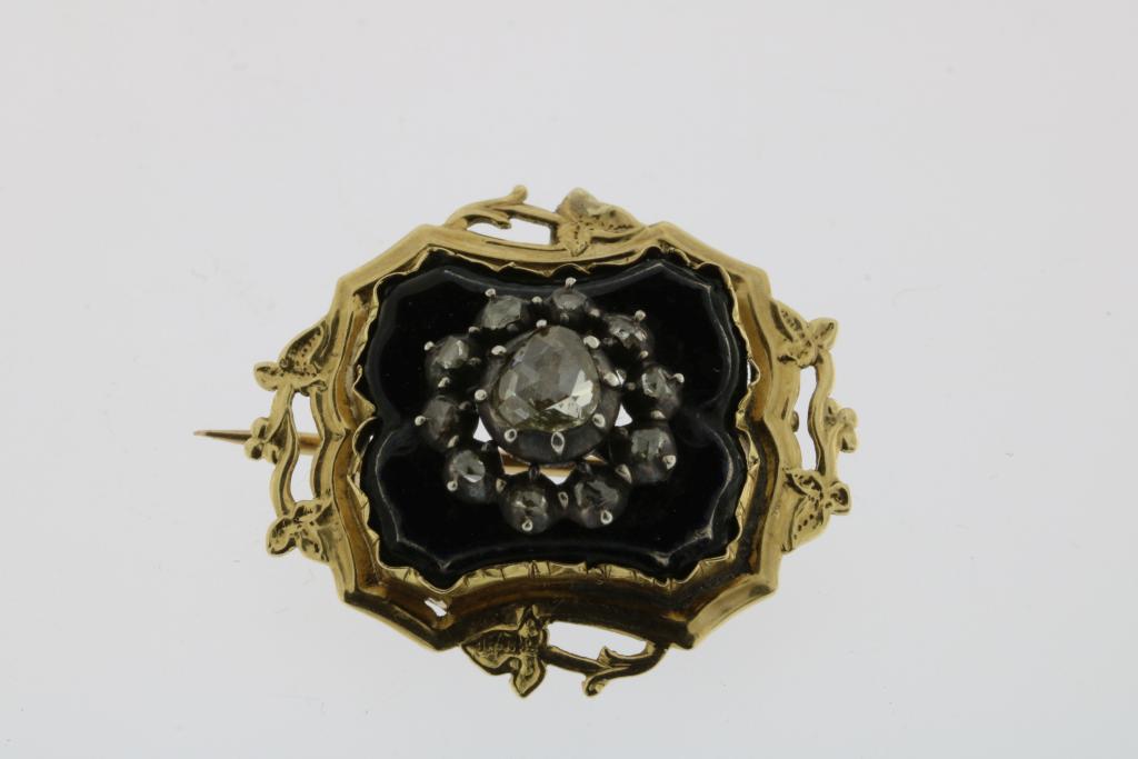 A yellow gold brooch, with blue enamel on silver and rose cut diamonds, 19th century, width 3cm.