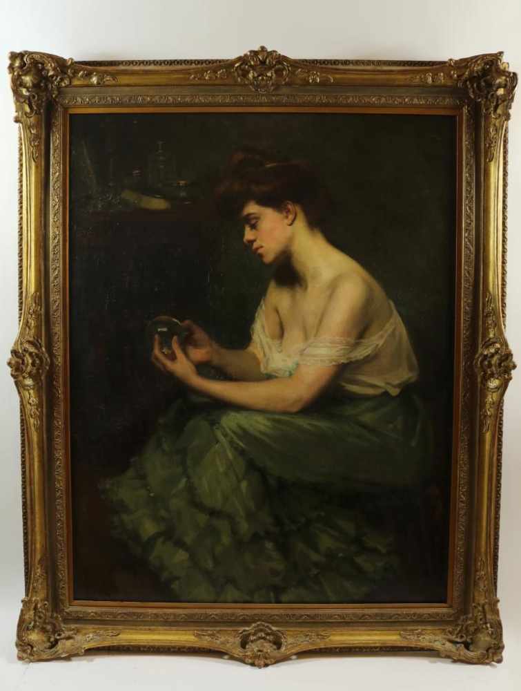 LUCAS, MAY LANCASTER (1853-1920), signed lower left, elegant lady with glass ball, oil on canvas 131 - Image 2 of 4
