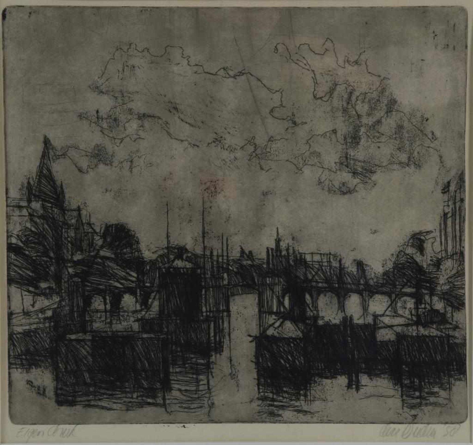 OUDEN DEN WILLEM, sing and dated. '58, Brigde, etching 'eigen druk', 26 x 38 cm. Provenance: KLM Art