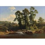 Quinaux, Joseph (1822-1895), signed l.l., landscape with figures at brook, canvas 55 x 75 cm.