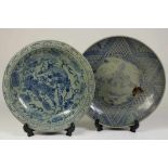 set Ming style porcelain saucers with 'langelijs bij zotjes' decor, diam. 34 cm. and animal decor,