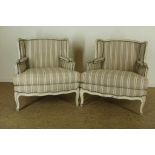 Pair of 2 white wash chairsStel white wash oorfauteuils bekleed met gestreepte stof afgezet met