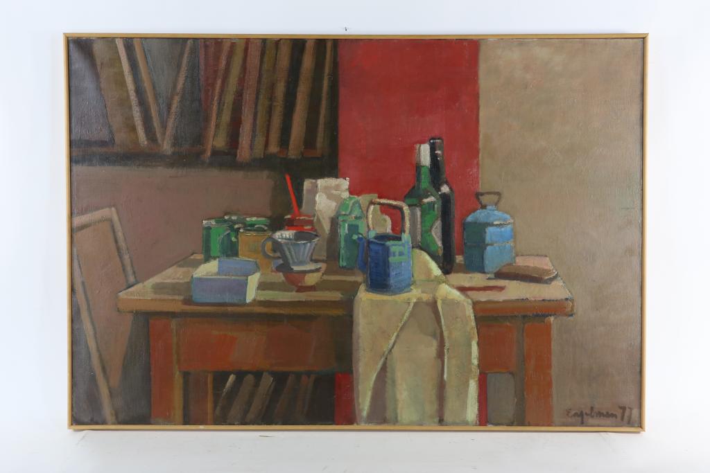 ENGELMAN, HANS (1922-2000), signed and dated '77 l.r., still life with wine bottles, coffee pot - Image 2 of 3