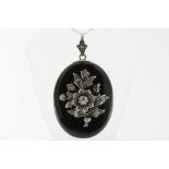 Morning jewellery, black glass, silver aplique set with old cut diamonds, 585/000, gross w. 22gr,