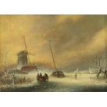 Unknown, with signature l.l. 19th century, Dutch winter landscape with figures and windmill, oil