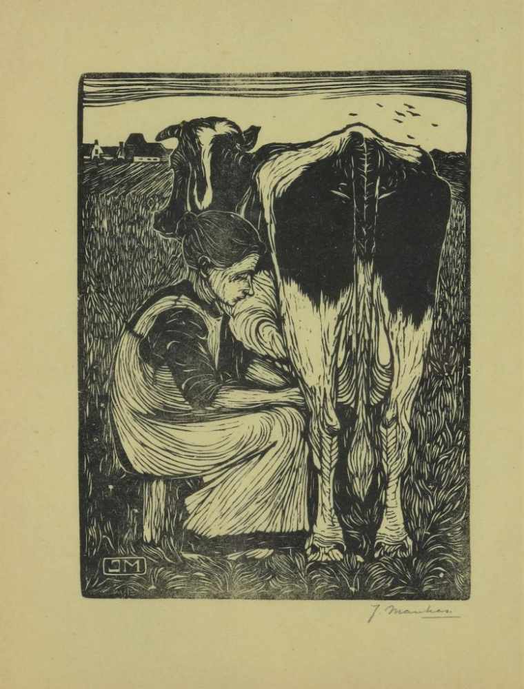 MANKES JAN (1889-1920), ges. r.o., melktijd, linosnede 19 x 14 cm.