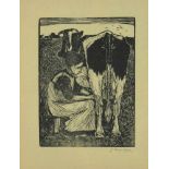 MANKES JAN (1889-1920), ges. r.o., melktijd, linosnede 19 x 14 cm.