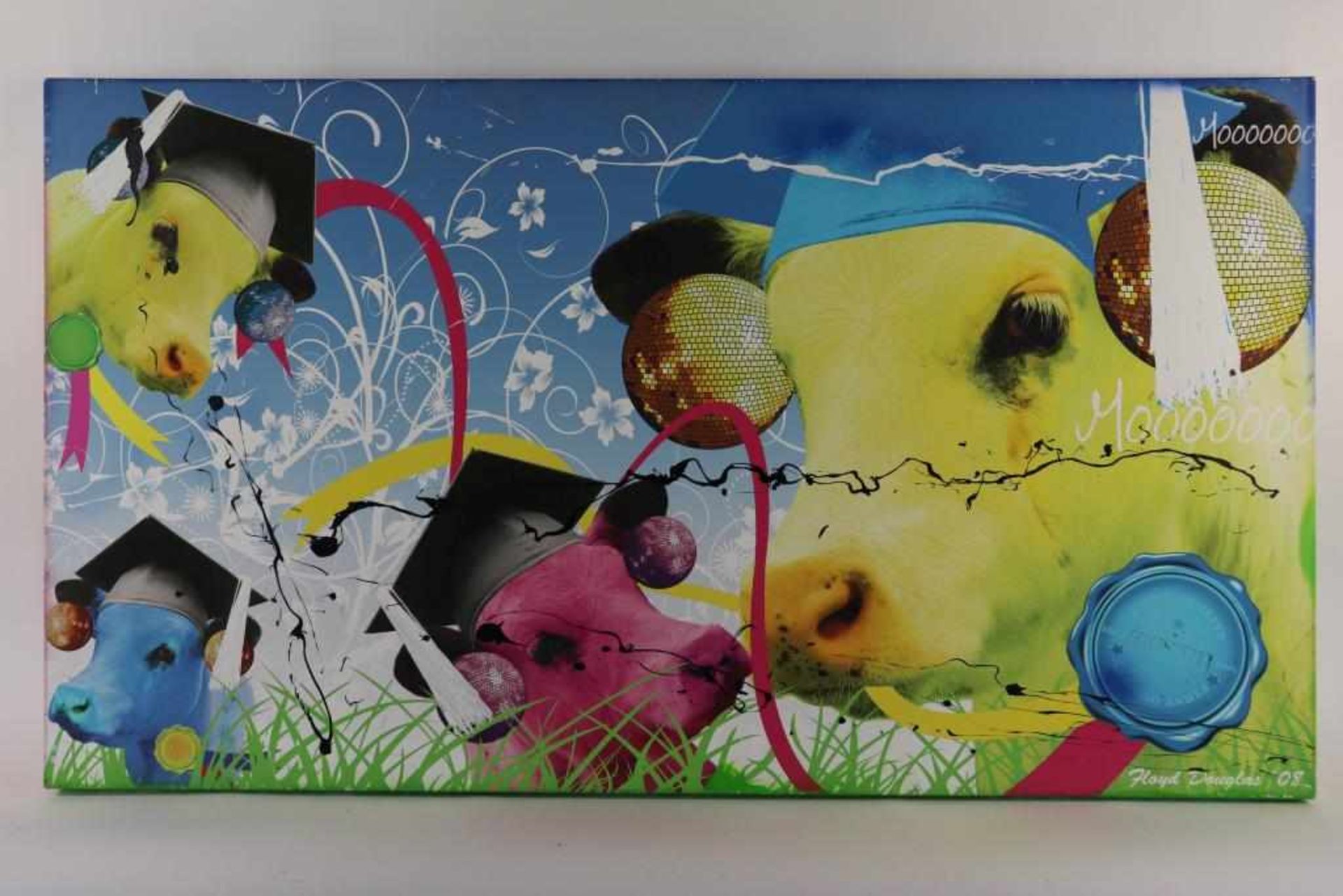 DOUGLAS FLOYD, sign. and dat. '08 l.r., Cows, mix. media 90 x 161 cm.DOUGLAS FLOYD, ges. en - Bild 2 aus 3