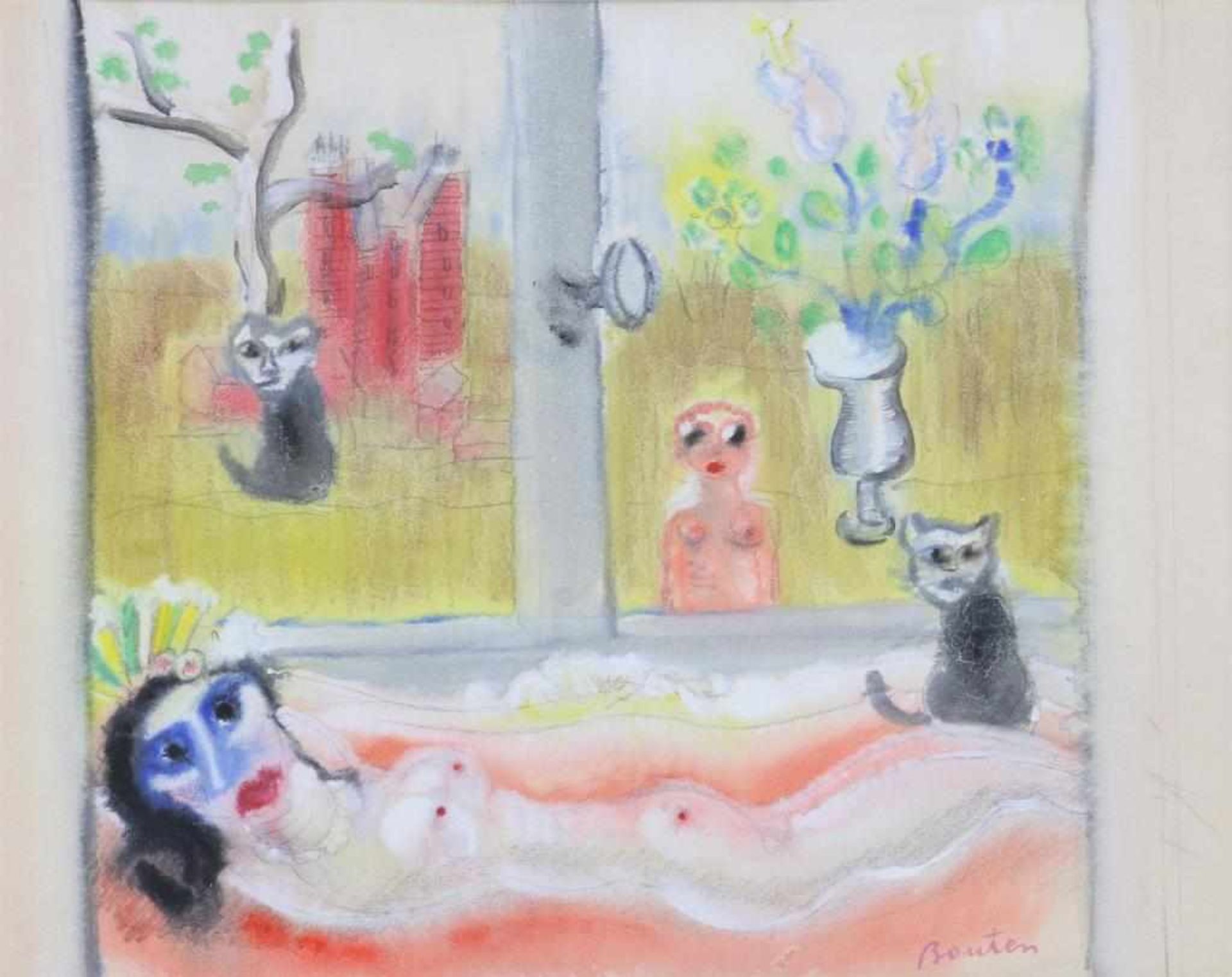 BOUTEN, ARMAND (1893-1965), signed l.r., lying naked on sofa with cat in window opening, gouache /