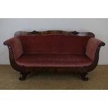 Mahogany Empire sofa, 19th centuryMahonie Empire bank met oudroze bekleding op gestoken voet, 19e