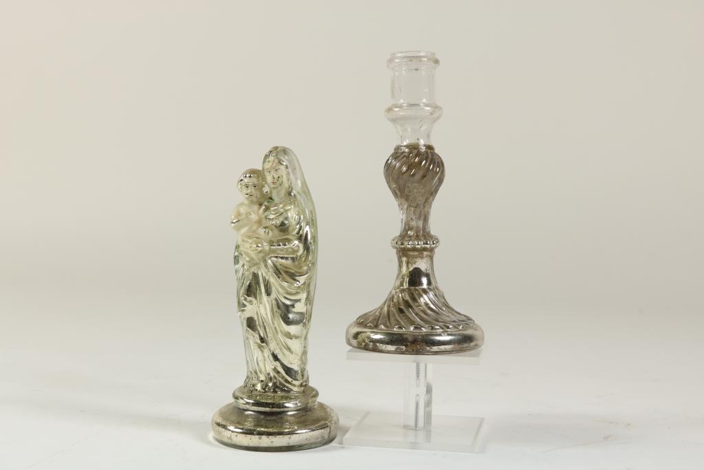 Lot van zilverglazen kandelaar en Maria sculptuur, ca. 1800 (div. kwal.)