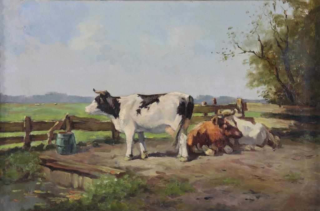 LIONS, HENK VAN (1890-1972), signed l.r., cows at wooden fence, oil on canvas 40 x 60 cm.LEEUWEN,