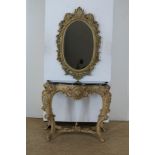 Wooden Louis XV-style console with lion's head on curved legs connected by lines with black marble