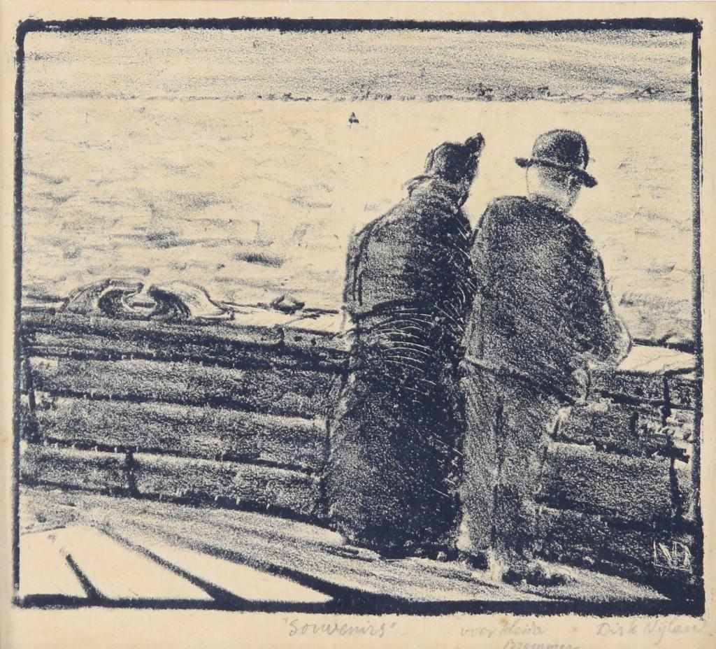 Nijland, Dirk, signed, couple on a ship, lithograph 11 x 12 cm.NIJLAND, DIRK HIDDE (1881-1955), ges.