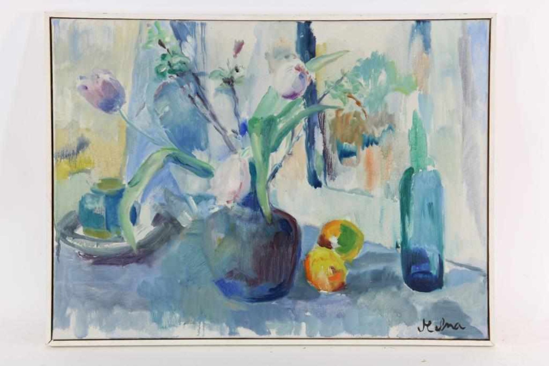KRUYSWIJK, HELNA (1917-2013), ges. r.o., stilleven met tulpen, sinaasappelen en wijnfles, doek 55 - Bild 2 aus 3