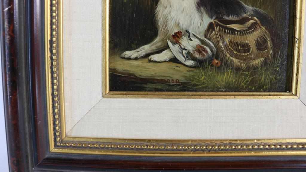 Unknown, unclearly signed l.l., hunting dog with catch, oil on panel 18 x 23 cm.Onbekend, onduid. - Image 3 of 4