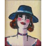 LEON, JEAN, unsigned, lady with hat, oil on panel 25 x 20 cm.LEON, JEAN, onges., dame met hoed,