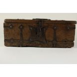 Oak small money trunk with iron, 17/18th century.Eiken geldkist met ijzeren banden en slotplaat,