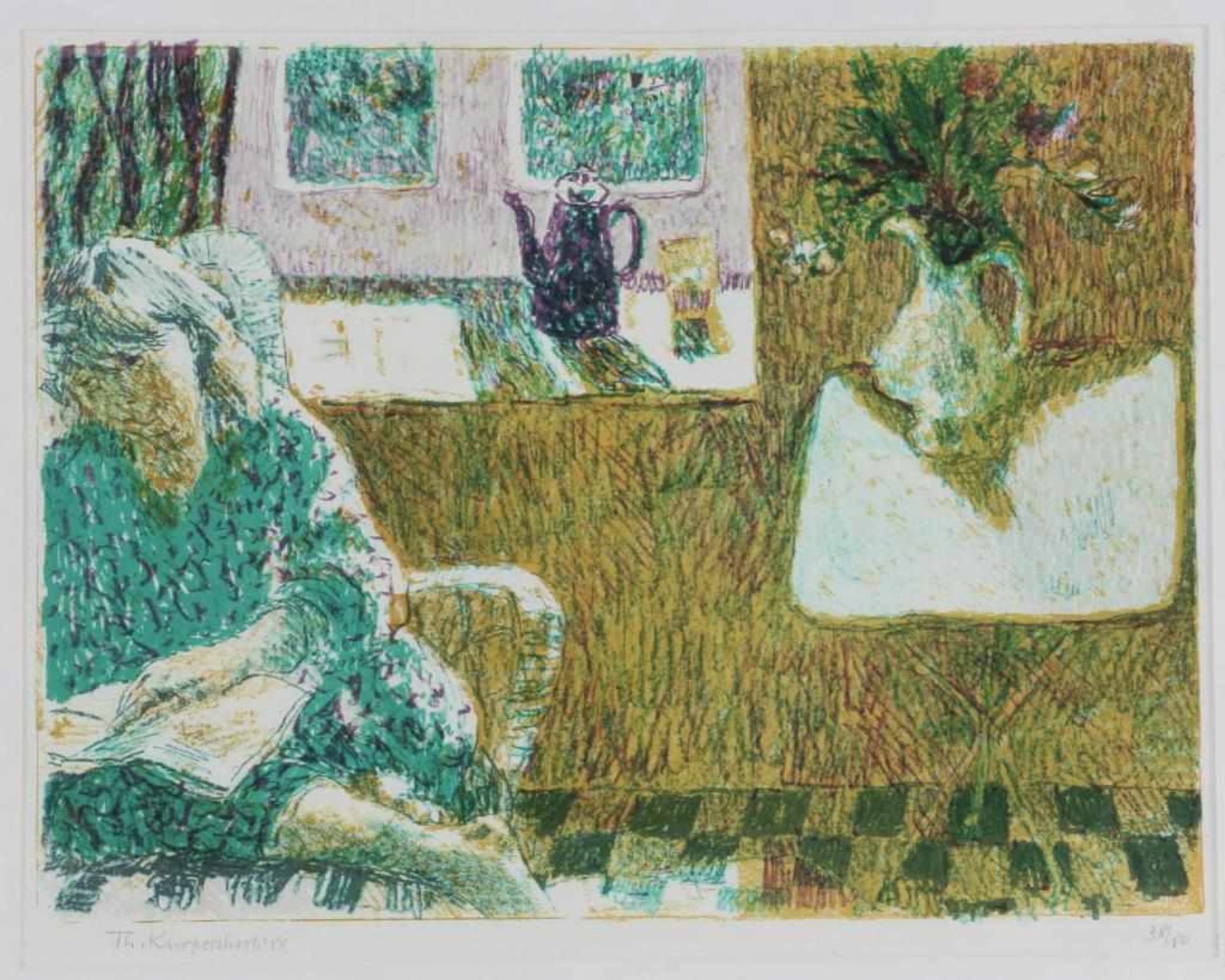 KURPERSHOEK THEO (1914-1998), ges. en gedat. '88 l.o., vrouw leest boek in interieur, litho 38/80 35