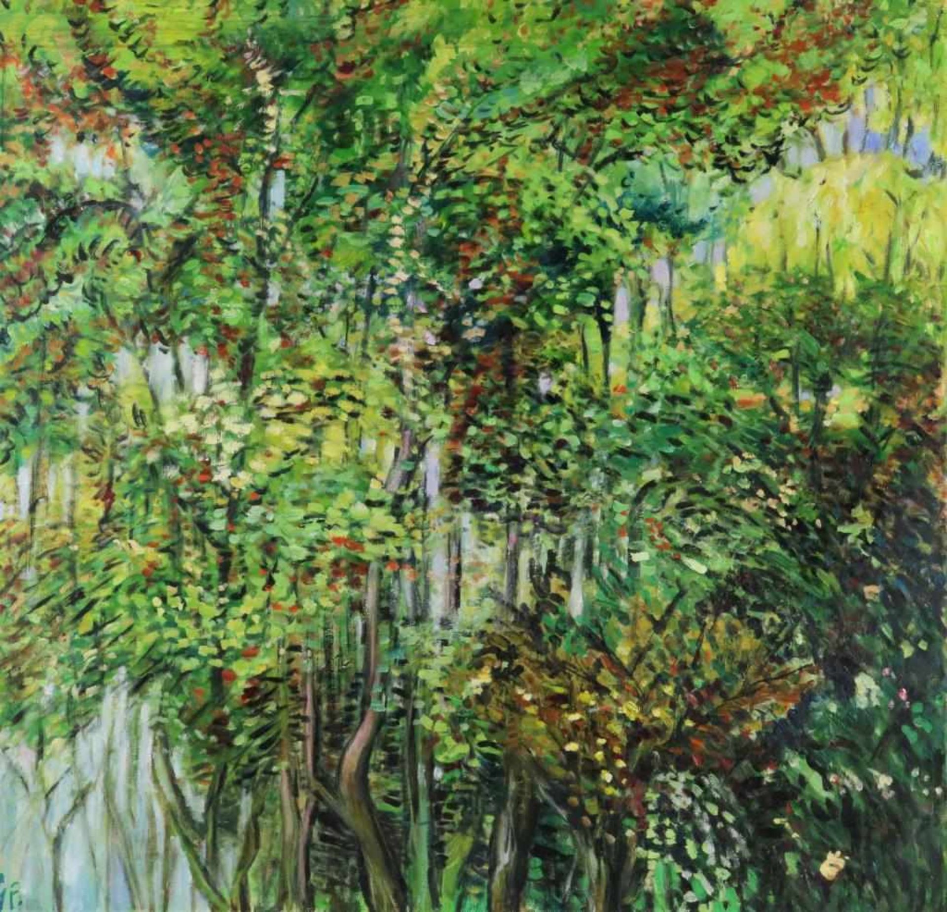 GIER-FONTEIN, GREETJE DE, monogrammed l.l, trees, oil on canvas 100 x 100 cm.GIER-FONTEIN, GREETJE