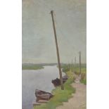 Troelstra, Jelle, signed, boats and poles along a canal, board 42 x 26 cm.TROELSTRA, JELLE (1891-