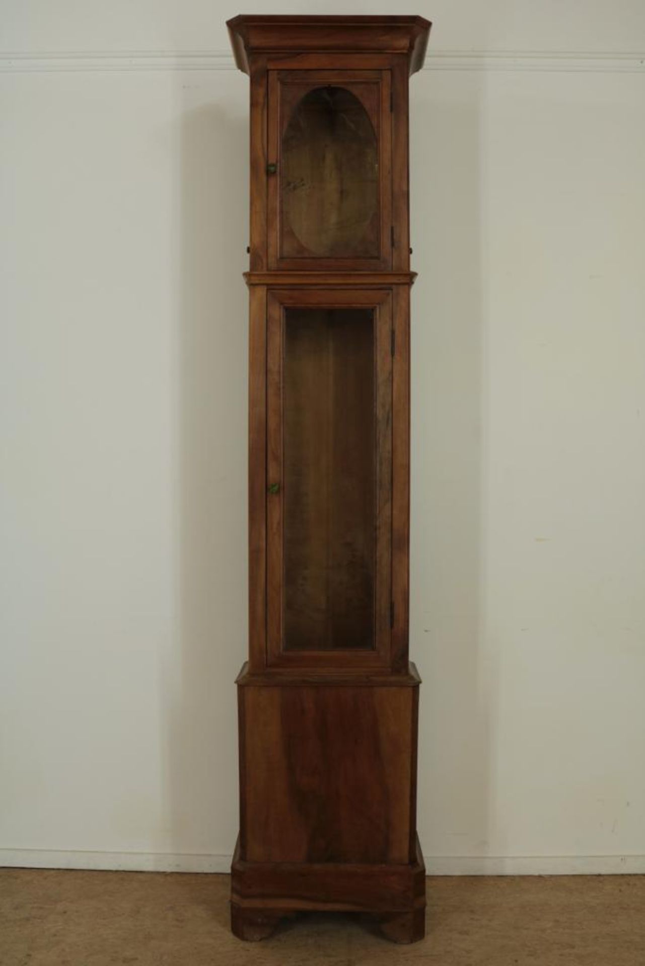Mahonie grote staande klokkenkast, l.248 cm.