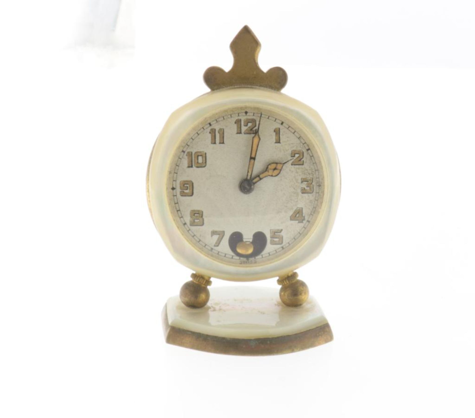 Een verguld reisklokje, opwind uurwerk, Brevet Lancel, in licht bruin etui, 50'er- 60'er jaren, - Bild 7 aus 7