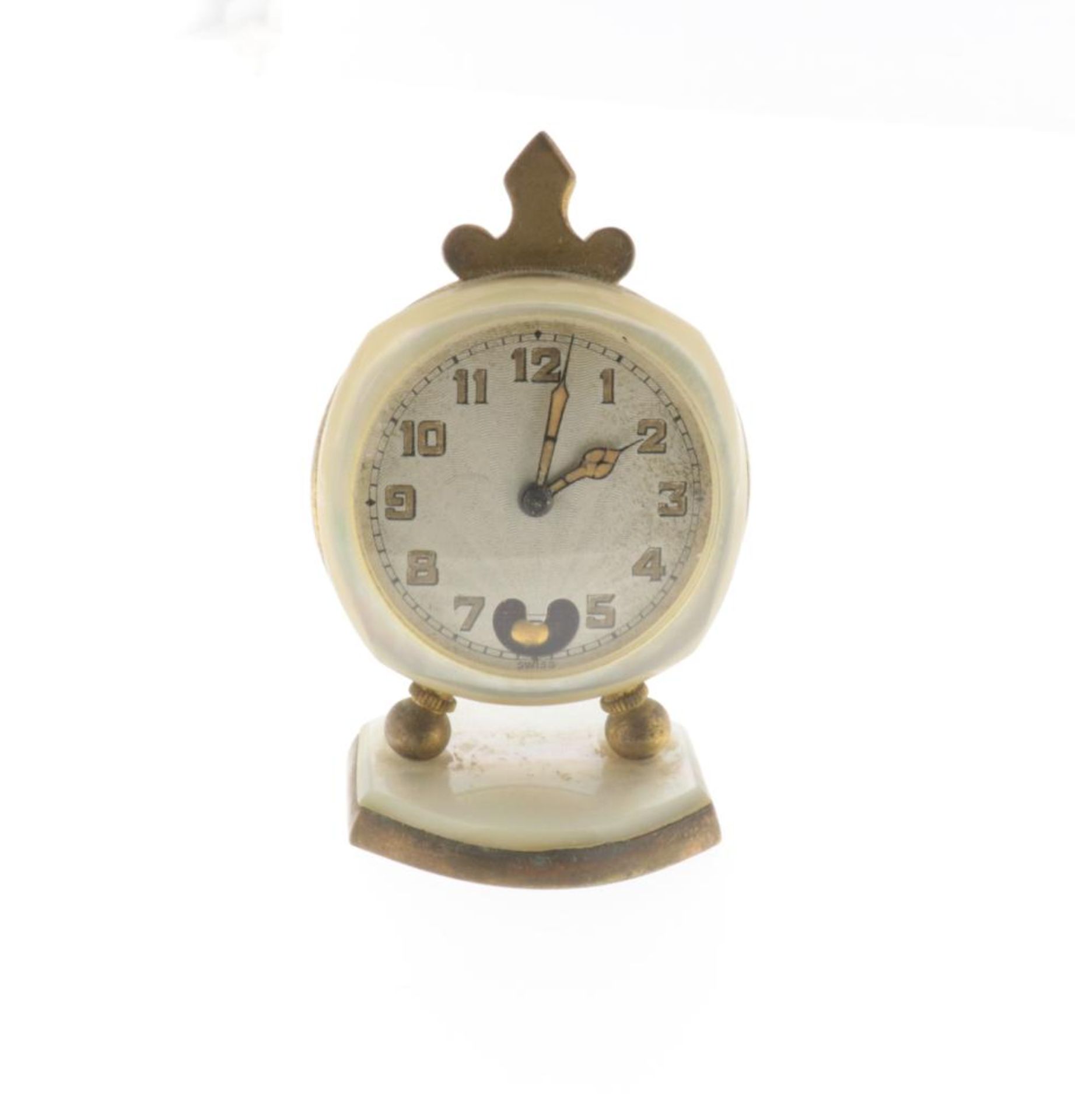 Een verguld reisklokje, opwind uurwerk, Brevet Lancel, in licht bruin etui, 50'er- 60'er jaren, - Bild 3 aus 7